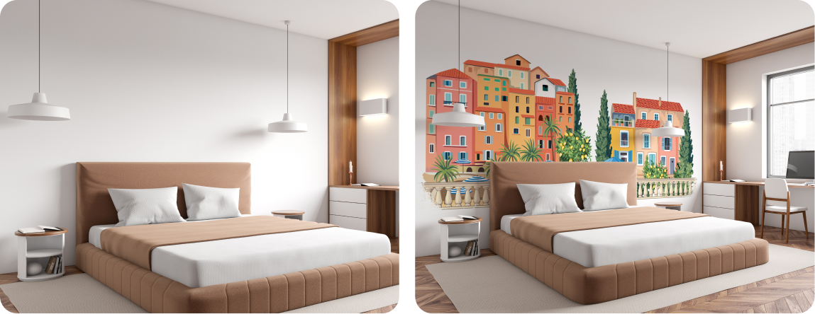 Guest Bedroom Artistic Wall Design | Plaster Mediterranean Illustration